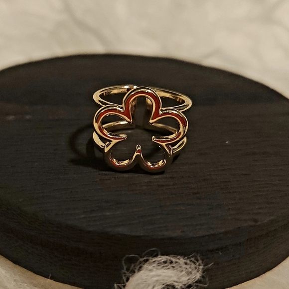 Gold Floral Ring with Dark Petals and Red Gemstone - Picture 1 of 5